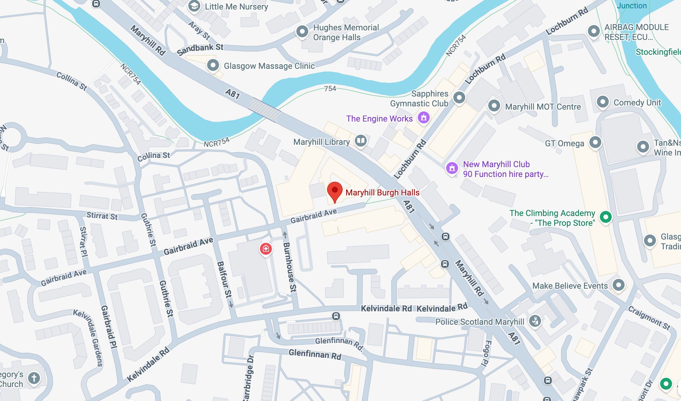 Map showing the location of the Glasgow class at Maryhill Burgh Halls.